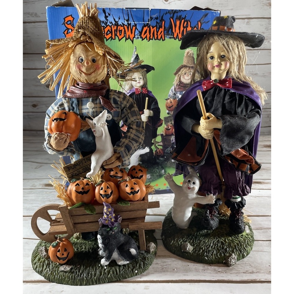 Vintage Halloween Witch & Scarecrow Fabric Mache Figurines 13" Set w/Box‎ Fall